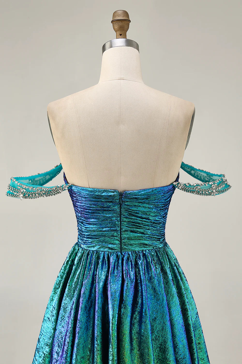 Golden Metallic A-Line Off The Shoulder Beaded Ruched Homecoming Party Dress With Rhinestones