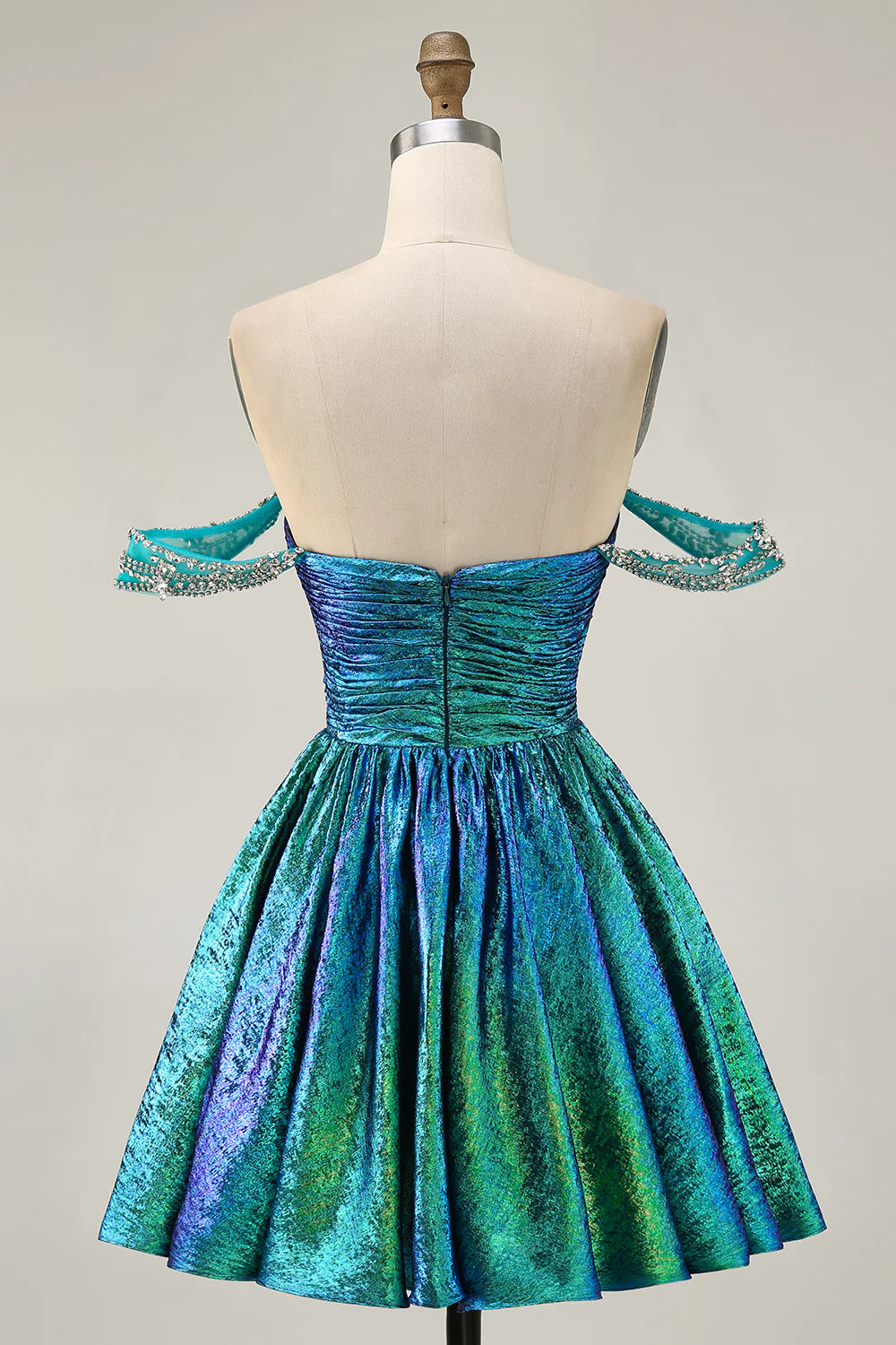 Golden Metallic A-Line Off The Shoulder Beaded Ruched Homecoming Party Dress With Rhinestones