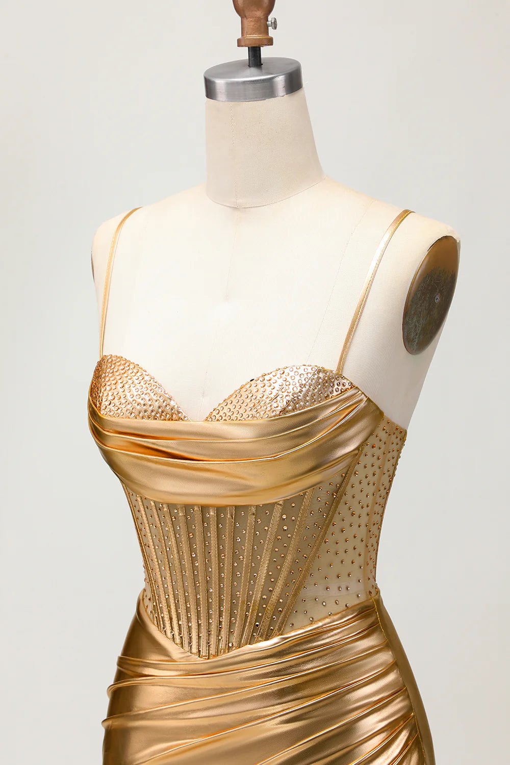 Golden Metallic Satin Ruched Bodycon Corset Homecoming Party Dress With Beading