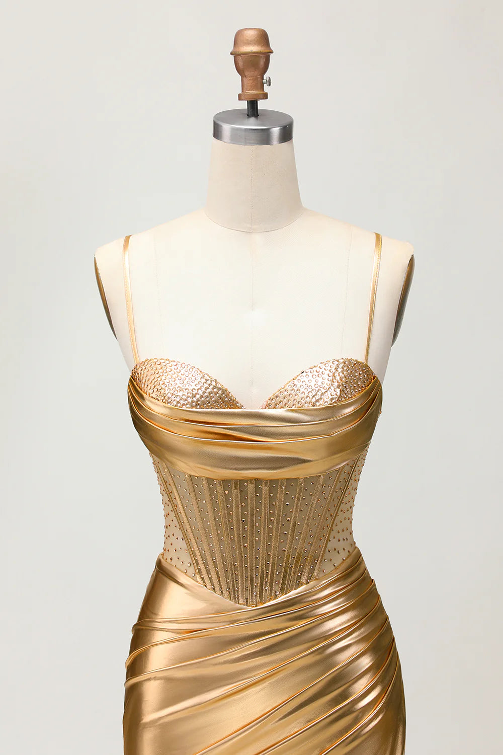 Golden Metallic Satin Ruched Bodycon Corset Homecoming Party Dress With Beading