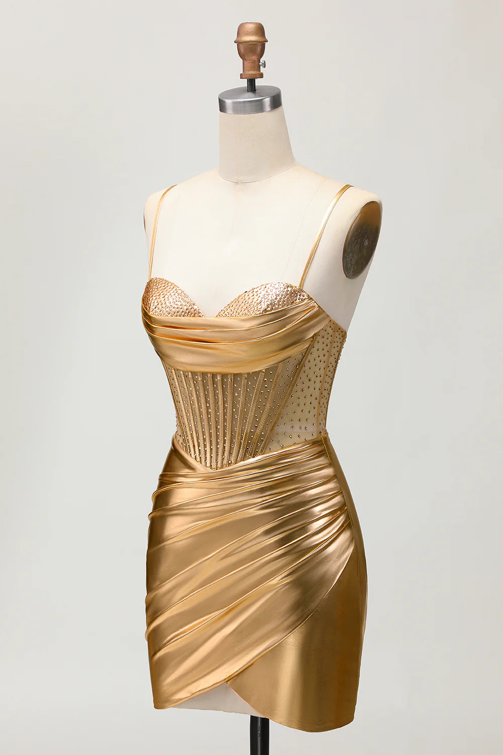 Golden Metallic Satin Ruched Bodycon Corset Homecoming Party Dress With Beading