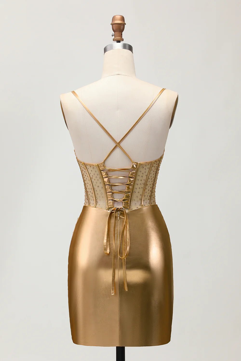 Golden Metallic Satin Ruched Bodycon Corset Homecoming Party Dress With Beading