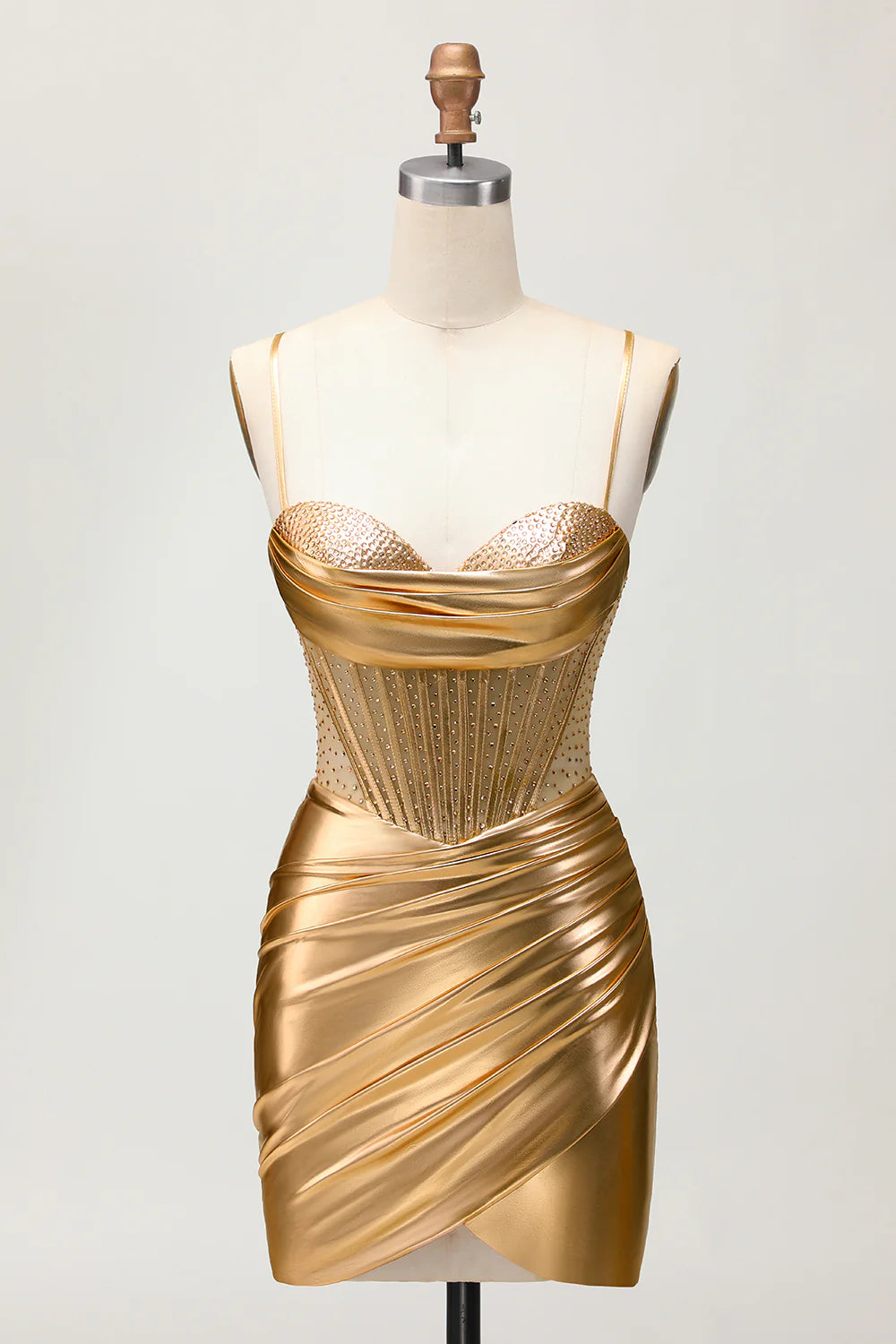 Golden Metallic Satin Ruched Bodycon Corset Homecoming Party Dress With Beading