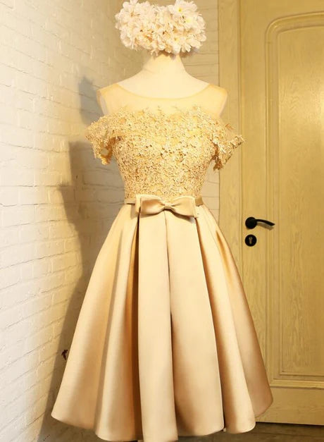 Golden Satin Lace Off Shoulder Knee Length A-line Homecoming Dresses Party Dresses
