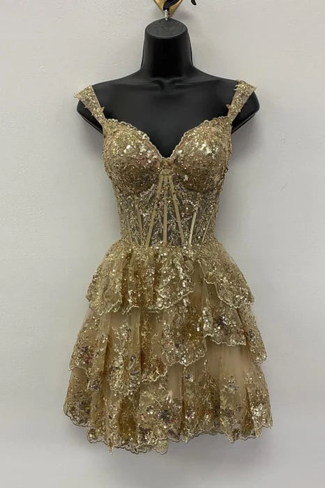 Golden Sequins BodyCon A-Line Tiered Lace Short Homecoming Dress Off-the-Shoulder Prom Dress