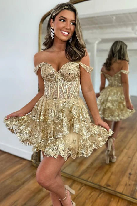 Golden Sequins BodyCon A-Line Tiered Lace Short Homecoming Dress Off-the-Shoulder Prom Dress