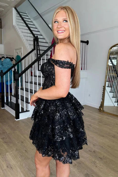 Golden Sequins BodyCon A-Line Tiered Lace Short Homecoming Dress Off-the-Shoulder Prom Dress