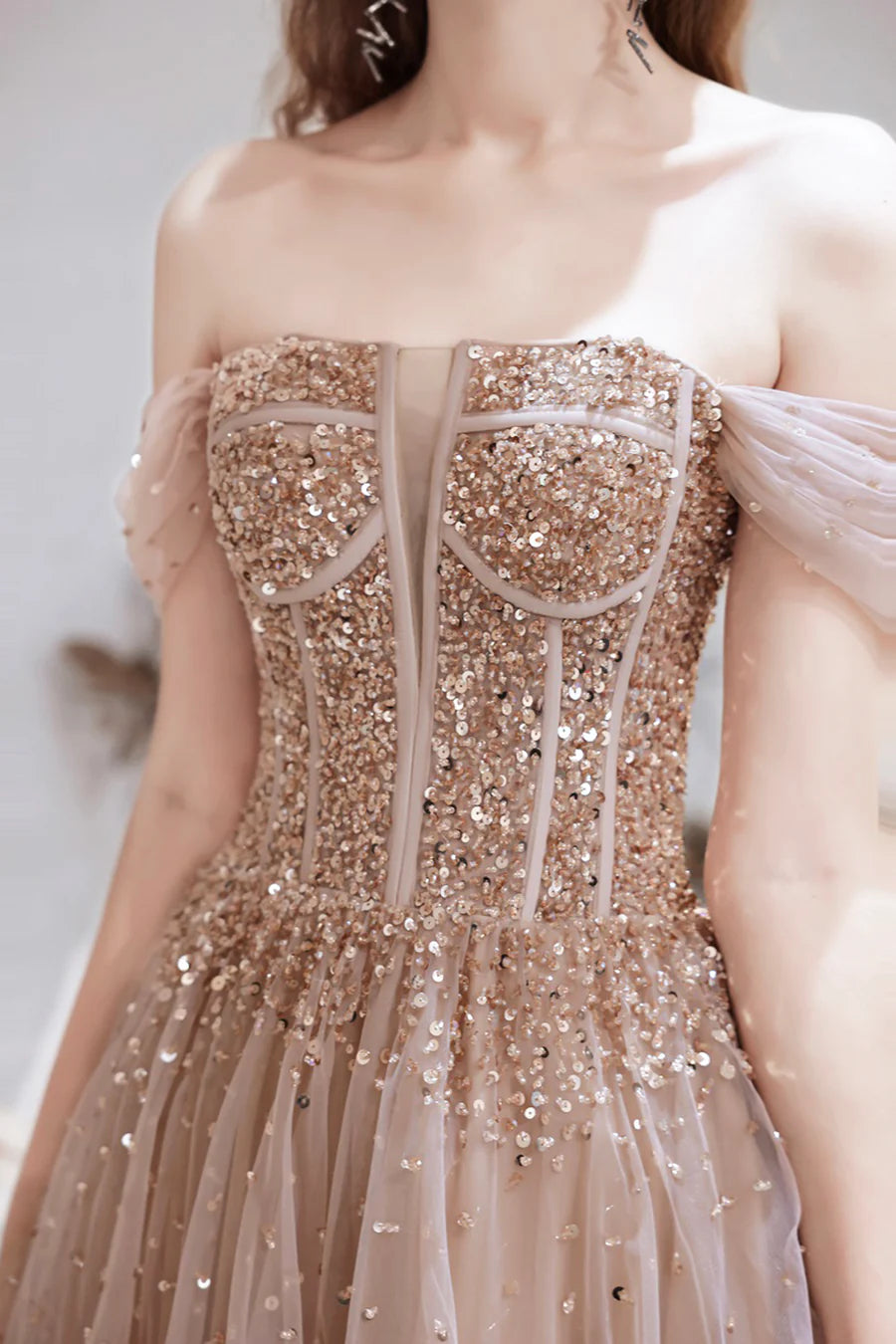 Gorgeous A-Line Off Shoulder Bodycon Sequins Beaded Tulle Champagne Long Prom Dress