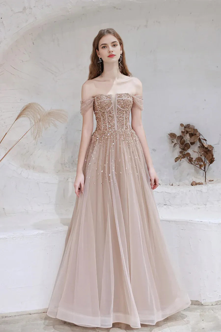 Gorgeous A-Line Off Shoulder Bodycon Sequins Beaded Tulle Champagne Long Prom Dress