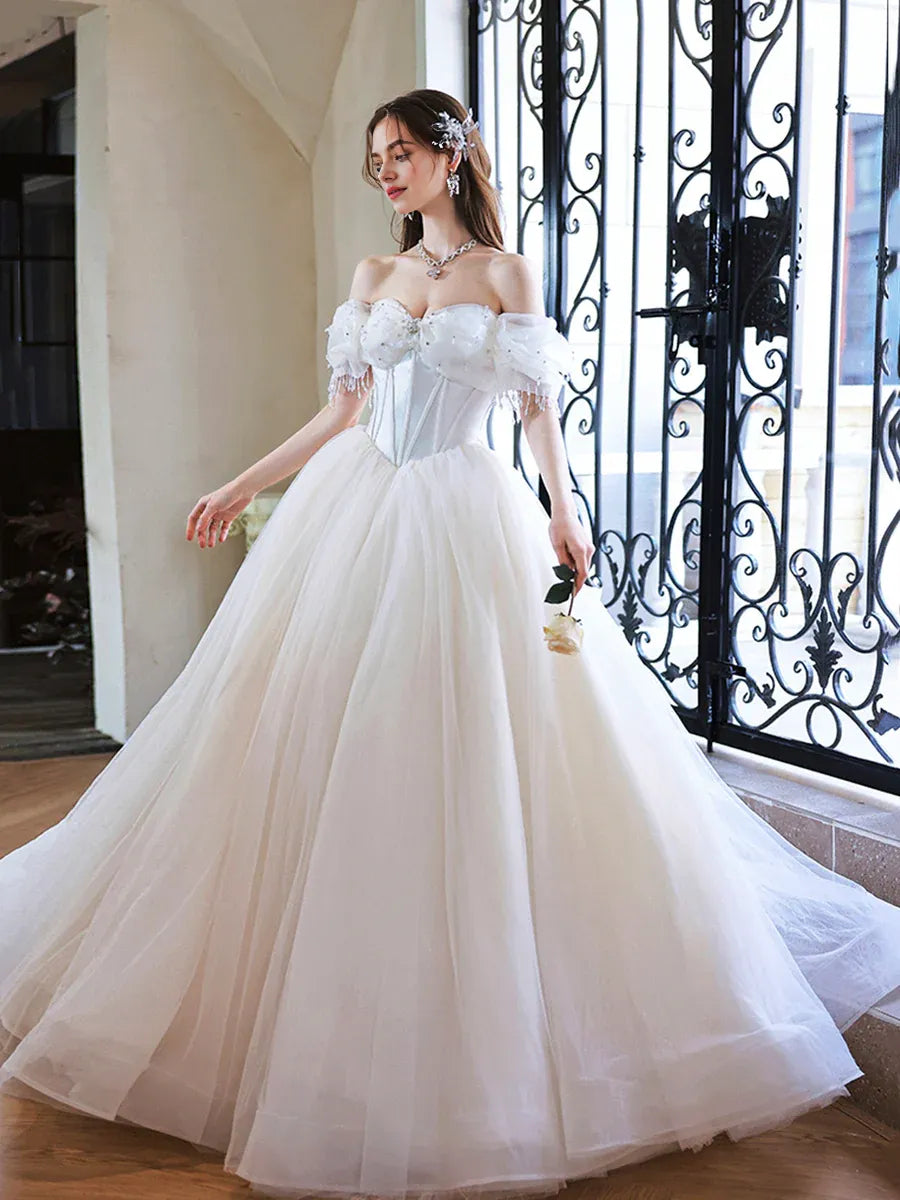 Gorgeous A-Line Off Shoulder Short Sleeves Bodycon Beaded Tulle White Prom Dress