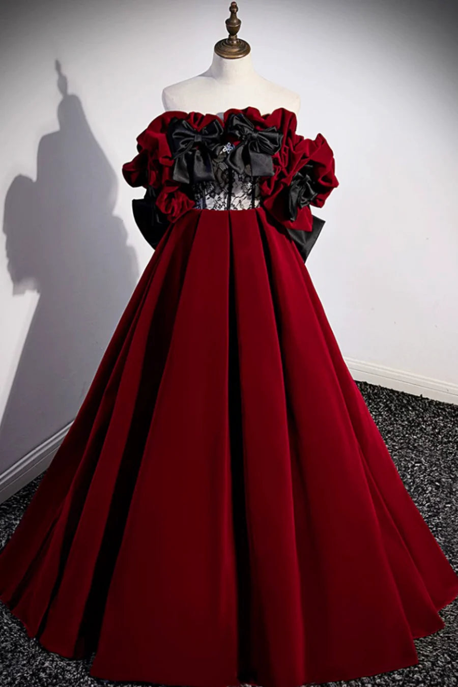 Gorgeous A-Line Off the Shoulder Lace Velvet Burgundy Long Prom Dress With Bow