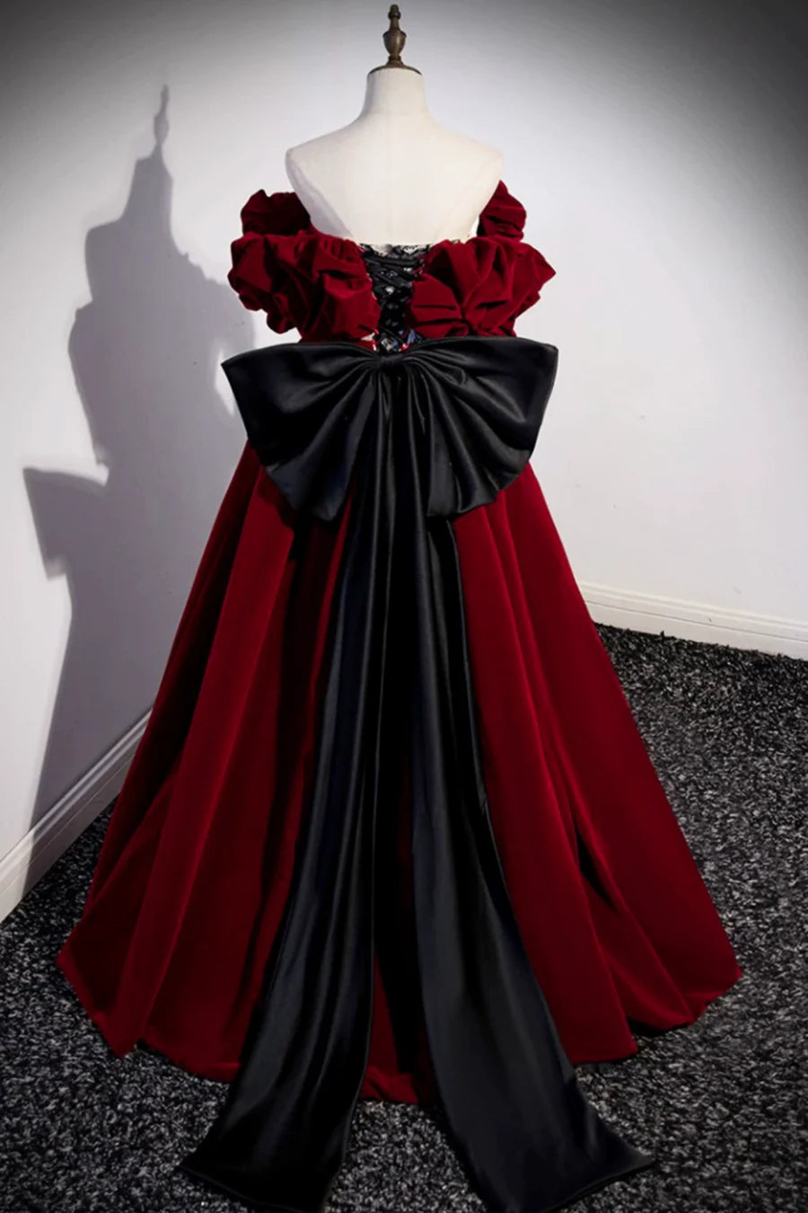 Gorgeous A-Line Off the Shoulder Lace Velvet Burgundy Long Prom Dress With Bow