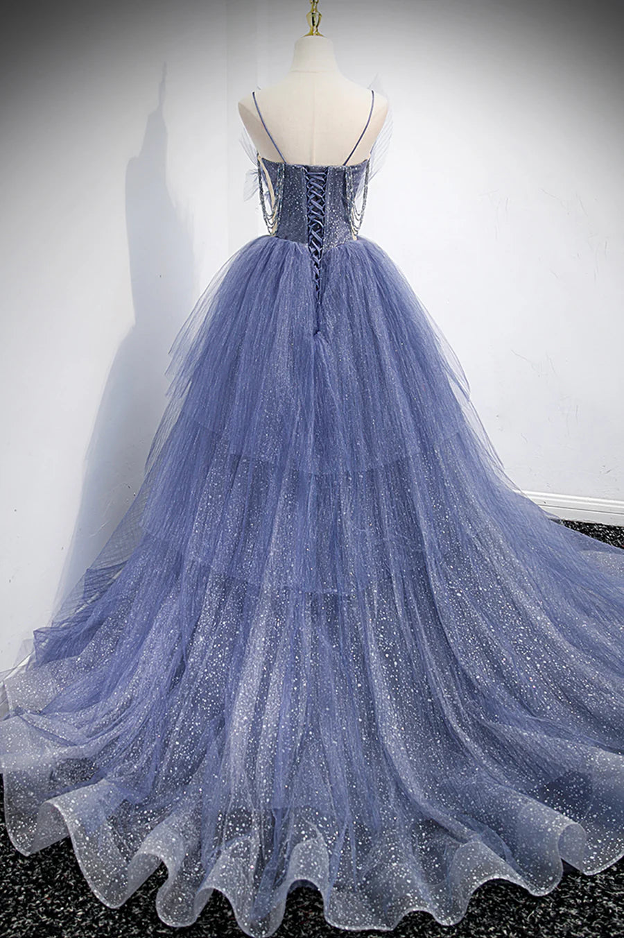 Gorgeous A-Line Spaghetti Straps Layers Tulle Blue Long Prom Dresses Evening Dresses