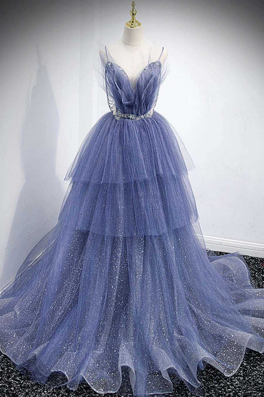 Gorgeous A-Line Spaghetti Straps Layers Tulle Blue Long Prom Dresses Evening Dresses