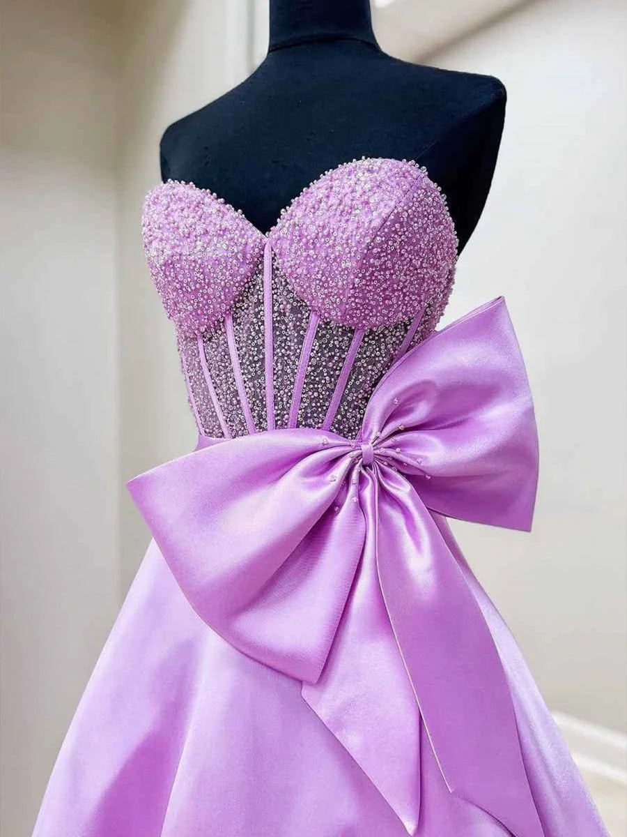 Gorgeous A-Line Sweetheart Beaded Lilac Long Evening Dress With Bow