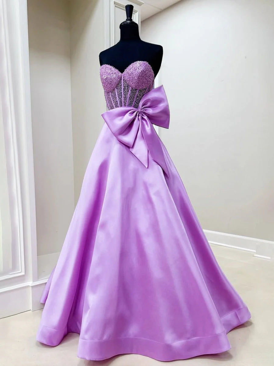 Gorgeous A-Line Sweetheart Beaded Lilac Long Evening Dress With Bow