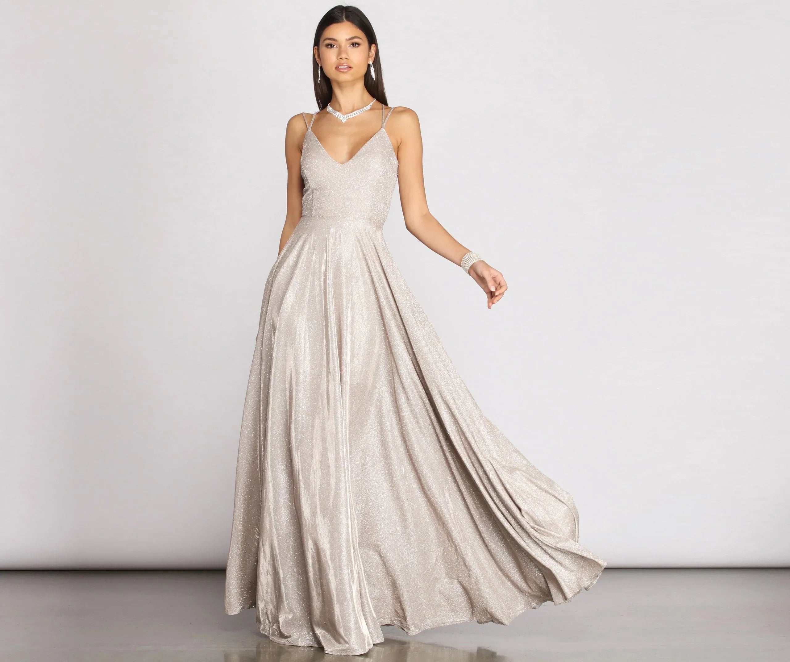 Gorgeous A-Line V-Neck Lace-Up Glitter Champagne Long Prom Dress With Pockets
