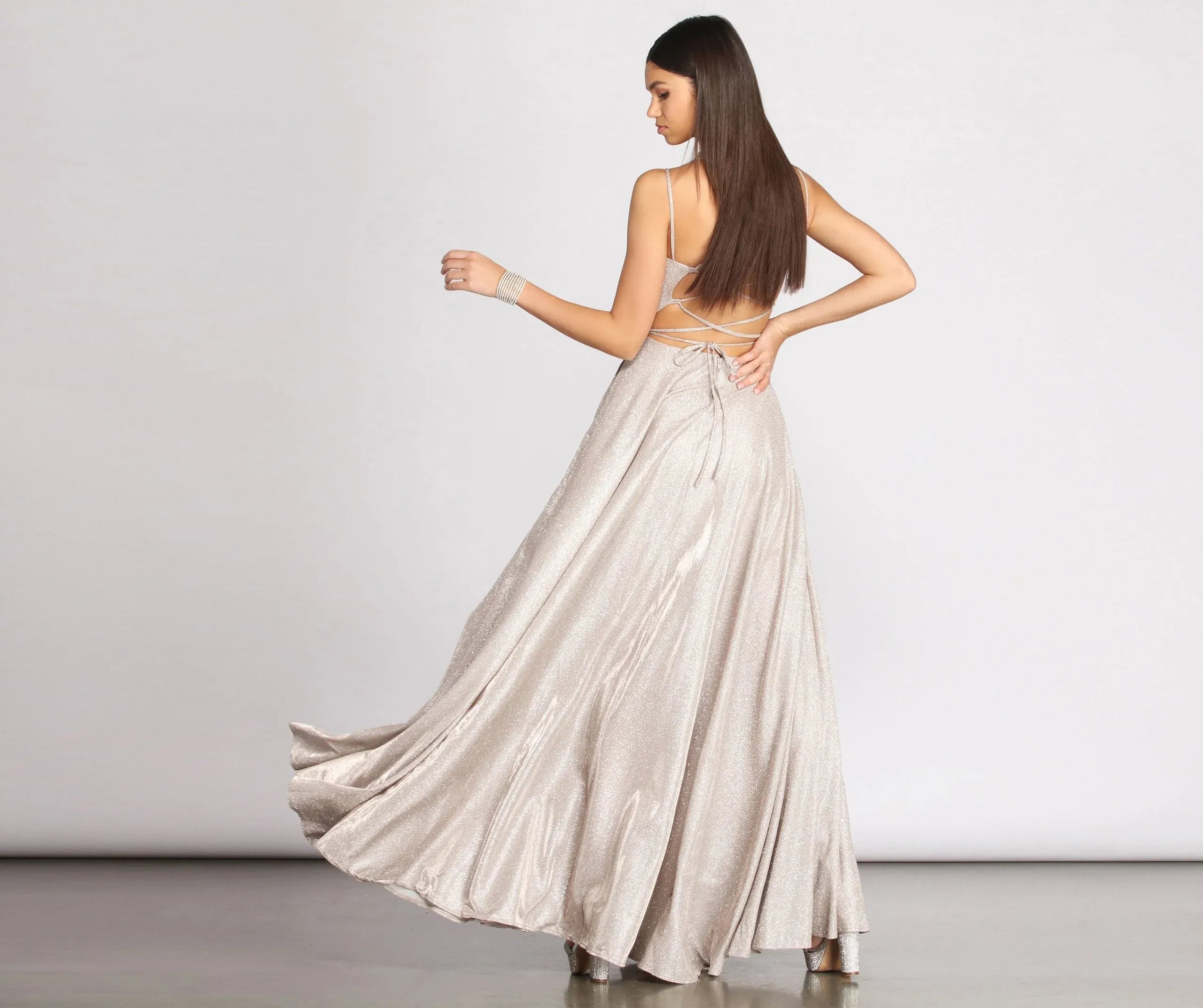 Gorgeous A-Line V-Neck Lace-Up Glitter Champagne Long Prom Dress With Pockets