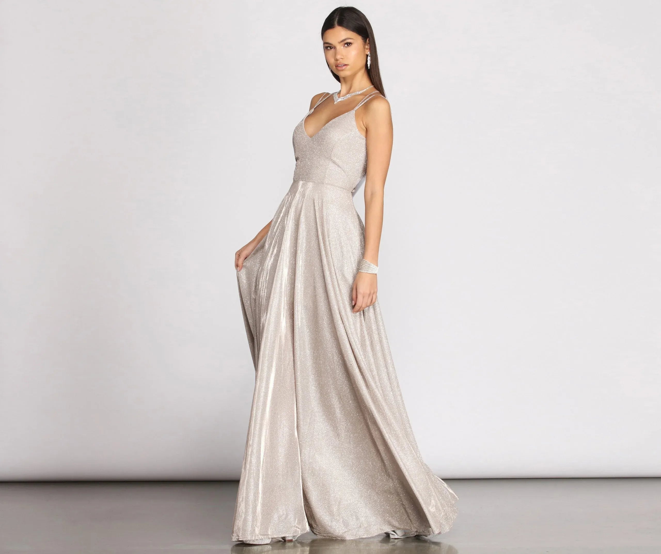 Gorgeous A-Line V-Neck Lace-Up Glitter Champagne Long Prom Dress With Pockets