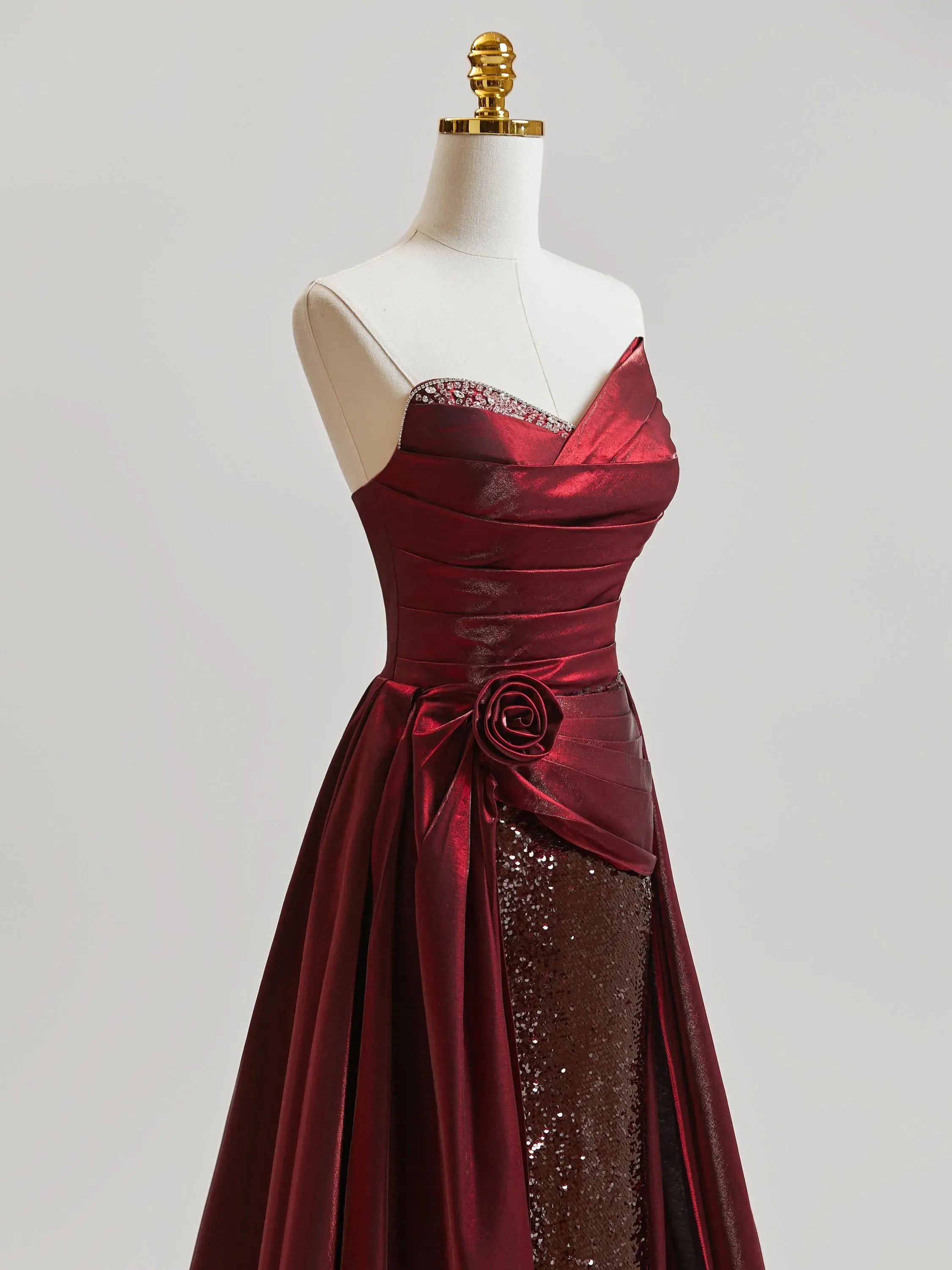 Gorgeous A Line Strapless Ruched Satin Sequins Burgundy Prom Dress With Train