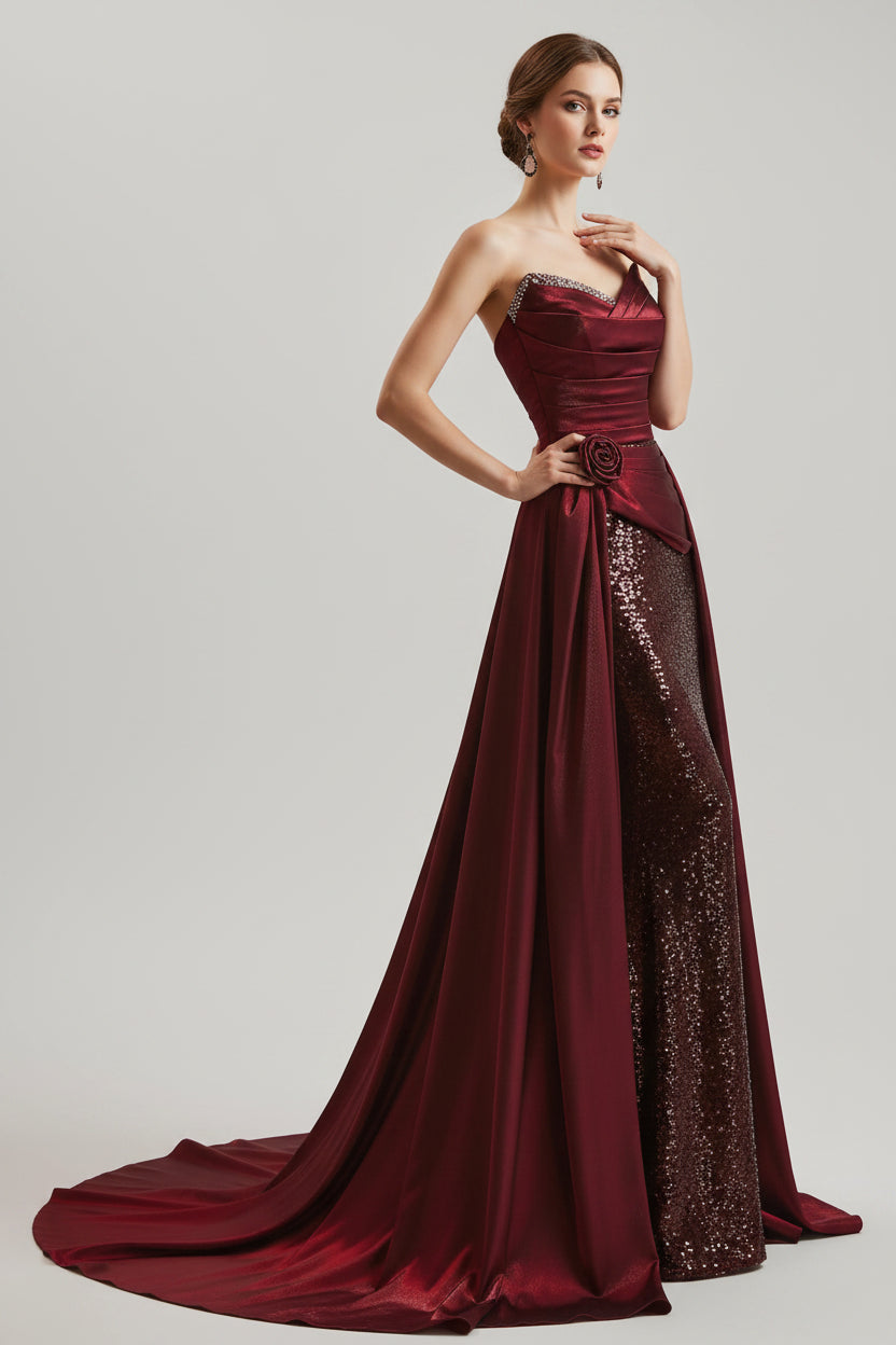 Gorgeous A Line Strapless Ruched Satin Sequins Burgundy Prom Dress With Train