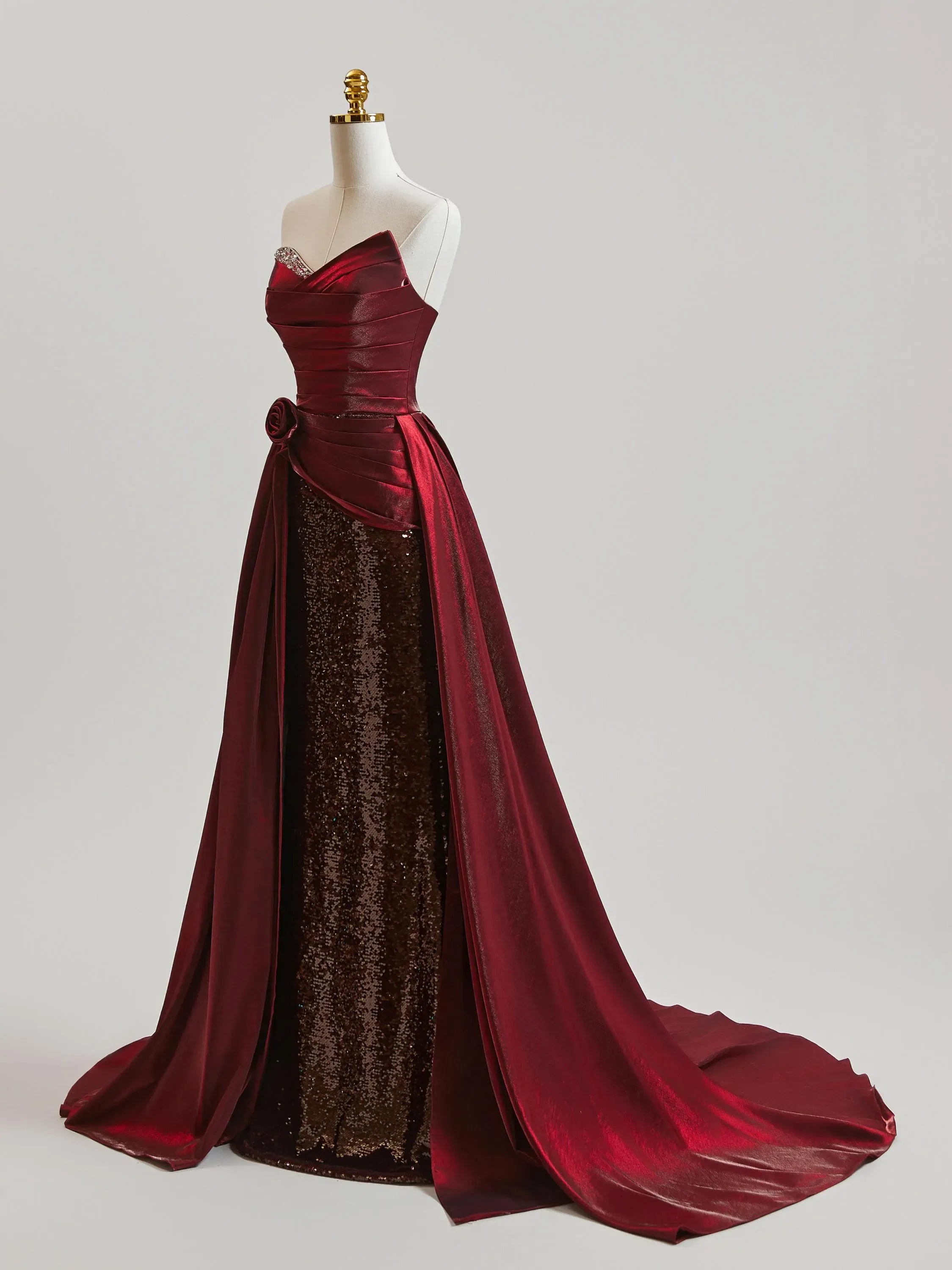 Gorgeous A Line Strapless Ruched Satin Sequins Burgundy Prom Dress With Train