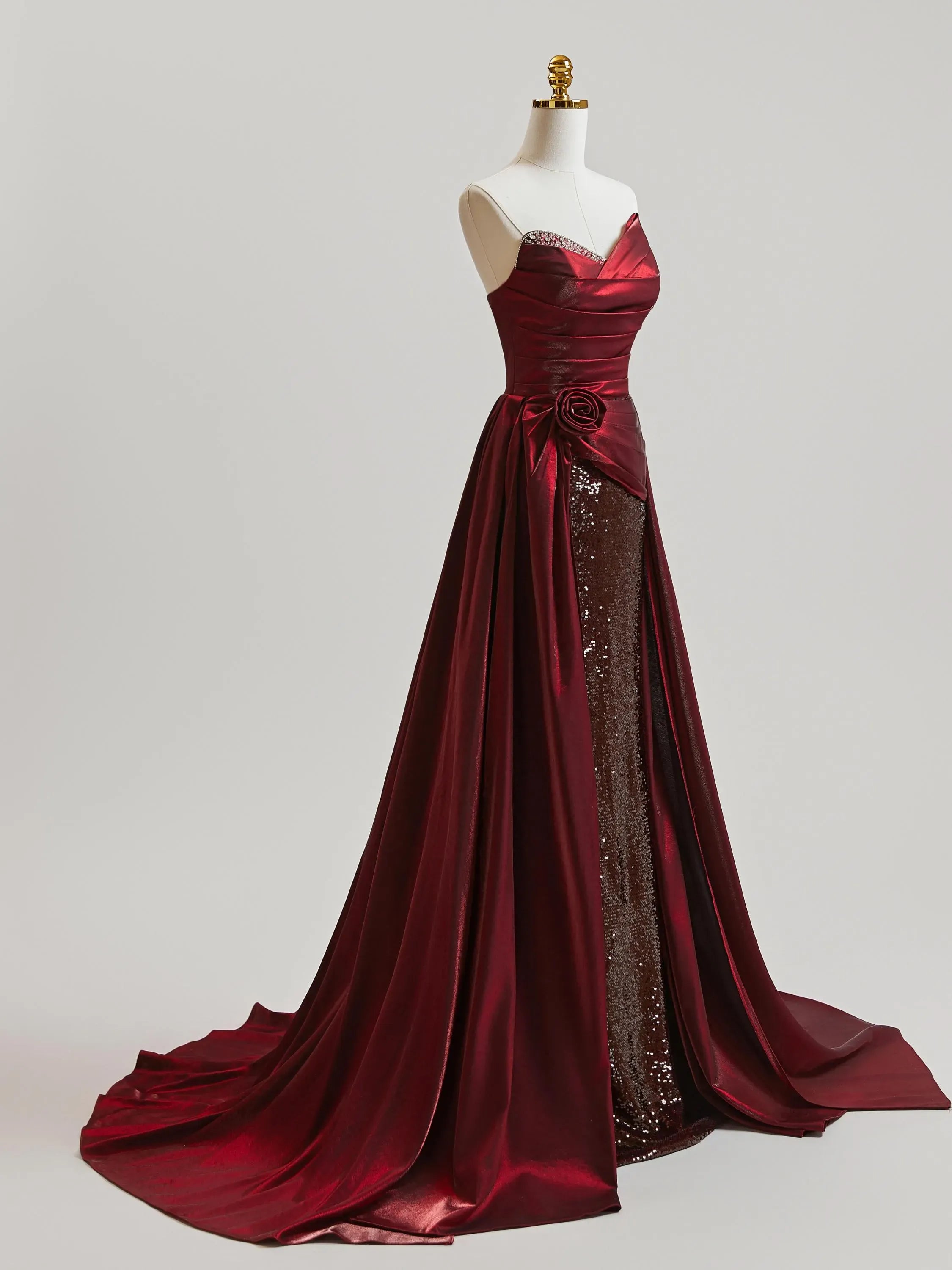 Gorgeous A Line Strapless Ruched Satin Sequins Burgundy Prom Dress With Train