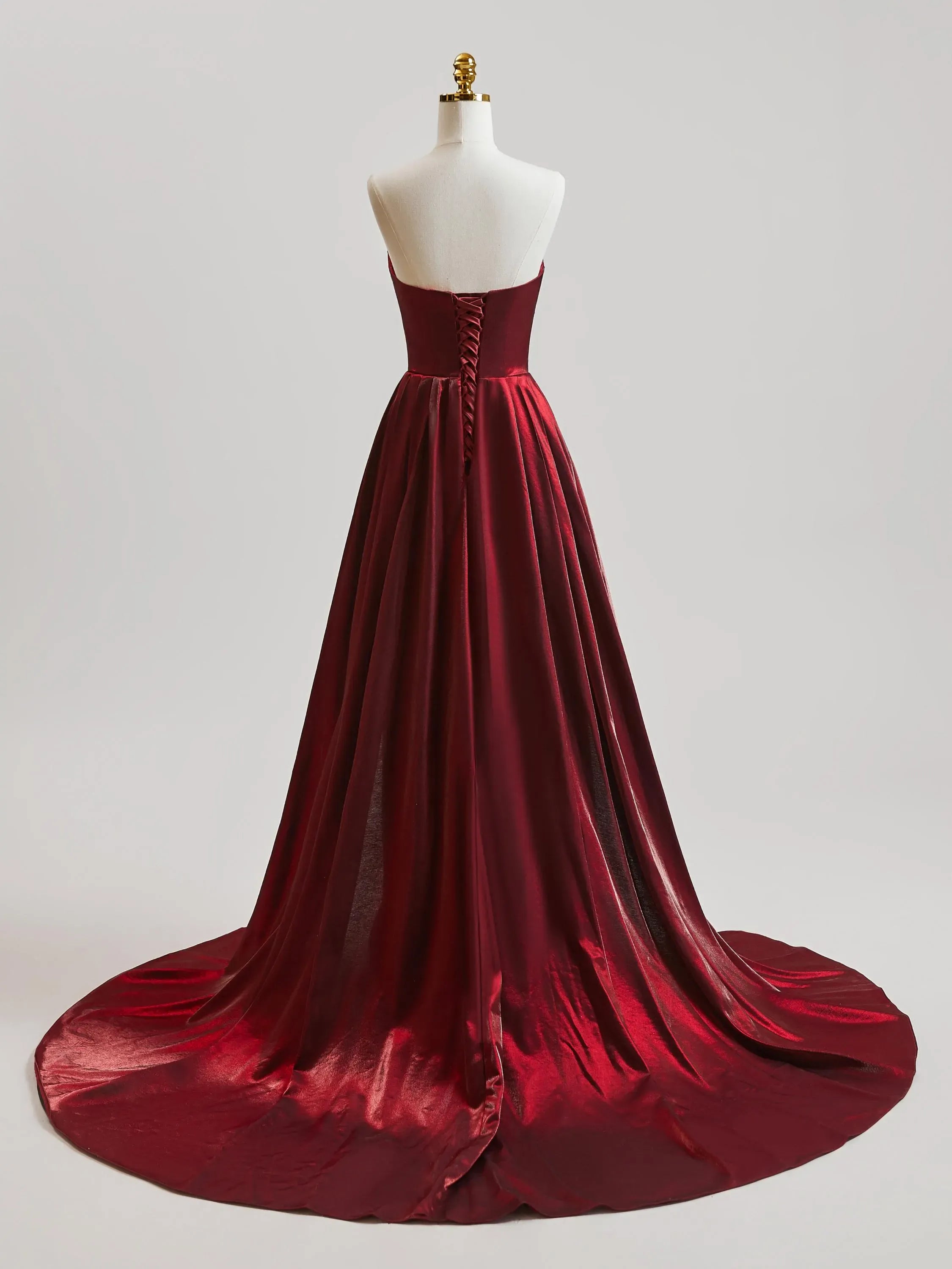 Gorgeous A Line Strapless Ruched Satin Sequins Burgundy Prom Dress With Train