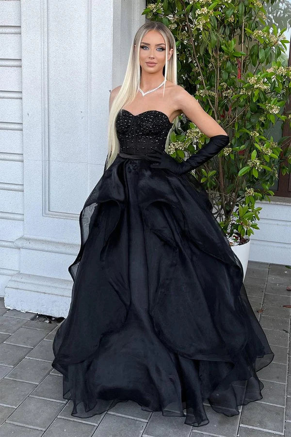 Gorgeous Ball Gown Black Tulle Sweetheart A-line Long Prom Dresses Discount Long Party Dresses Graduation Dresses
