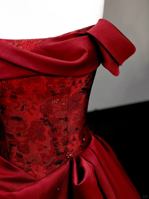 Gorgeous Ball Gown Burgundy Satin Off The Shoulder Long Prom Dresses With Beaded Graduation Dresses