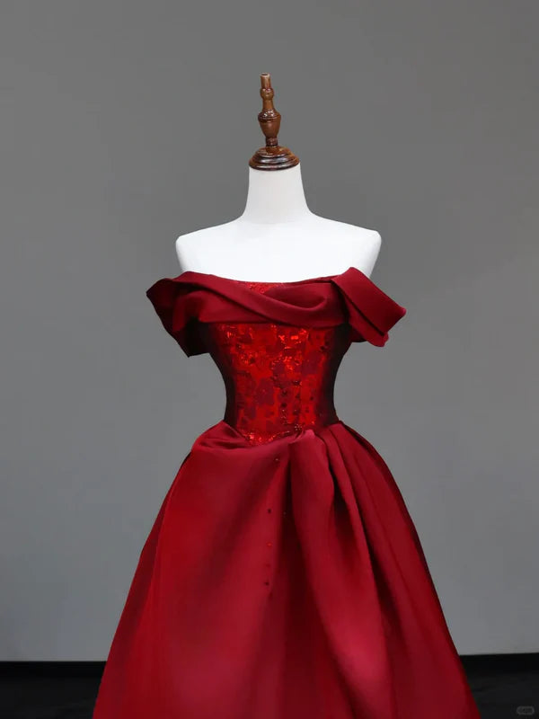 Gorgeous Ball Gown Burgundy Satin Off The Shoulder Long Prom Dresses With Beaded Graduation Dresses