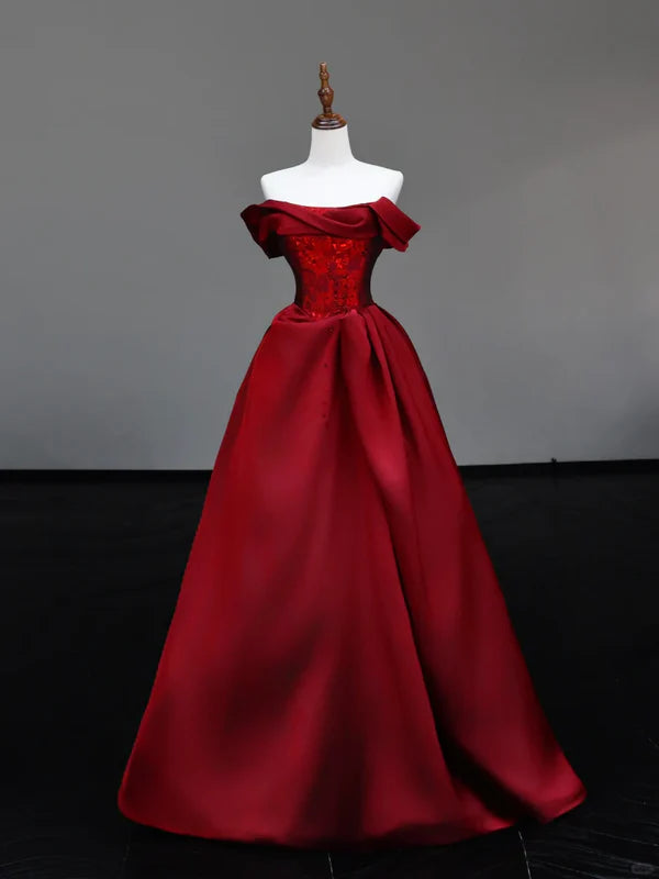 Gorgeous Ball Gown Burgundy Satin Off The Shoulder Long Prom Dresses With Beaded Graduation Dresses