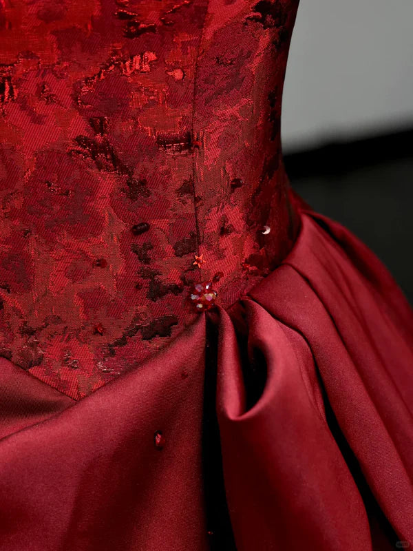 Gorgeous Ball Gown Burgundy Satin Off The Shoulder Long Prom Dresses With Beaded Graduation Dresses