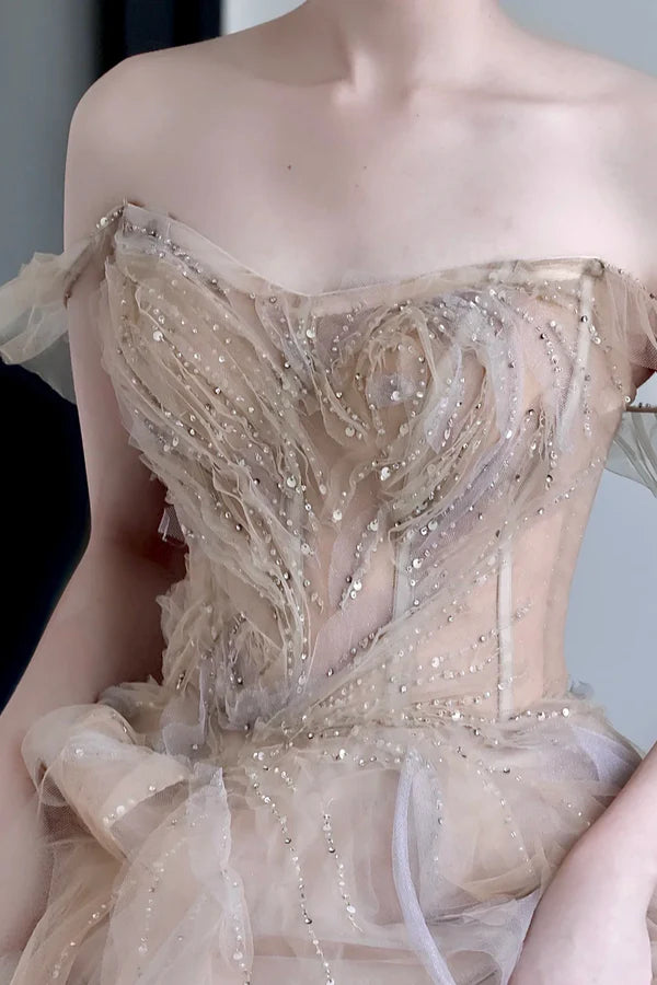 Gorgeous Ball Gown Champagne Tulle Sequins With Beaded Off The Shoulder Long Prom Dresses Graduation Dresses