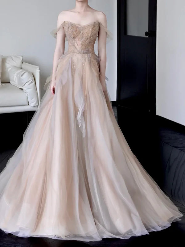 Gorgeous Ball Gown Champagne Tulle Sequins With Beaded Off The Shoulder Long Prom Dresses Graduation Dresses