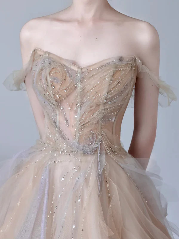 Gorgeous Ball Gown Champagne Tulle Sequins With Beaded Off The Shoulder Long Prom Dresses Graduation Dresses