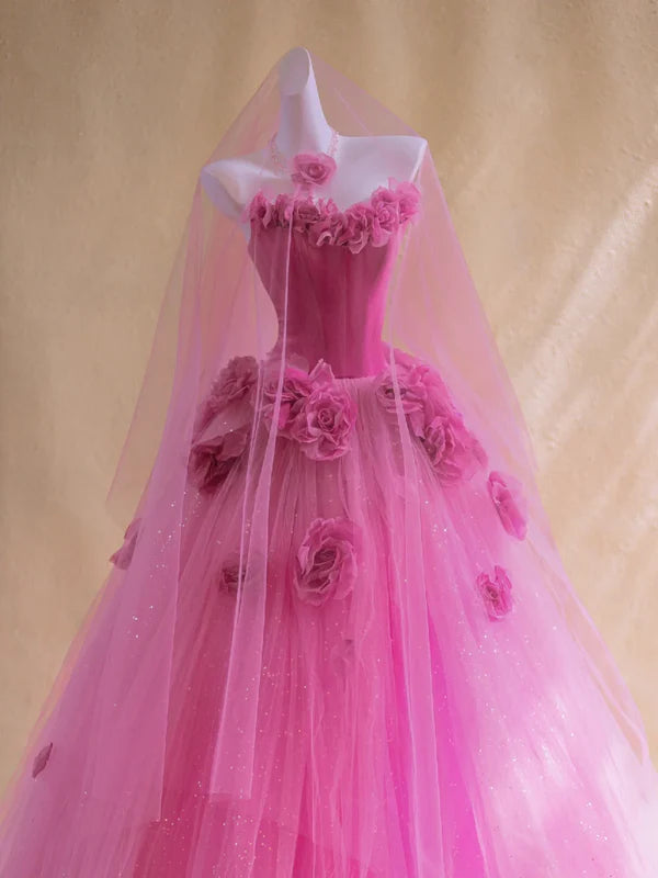 Gorgeous Ball Gown Hot Pink 3D Floral Tulle Sweetheart Strapless Long Prom Dress Discount Long Party Dresses
