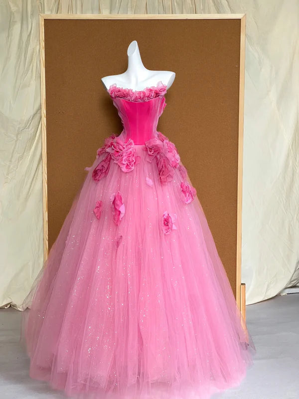 Gorgeous Ball Gown Hot Pink 3D Floral Tulle Sweetheart Strapless Long Prom Dress Discount Long Party Dresses