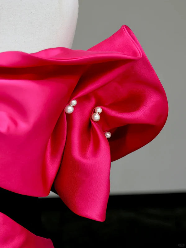 Gorgeous Ball Gown Hot Pink Satin Off The Shoulder Long Prom Dresses Budget Hot Pink Party Dresses