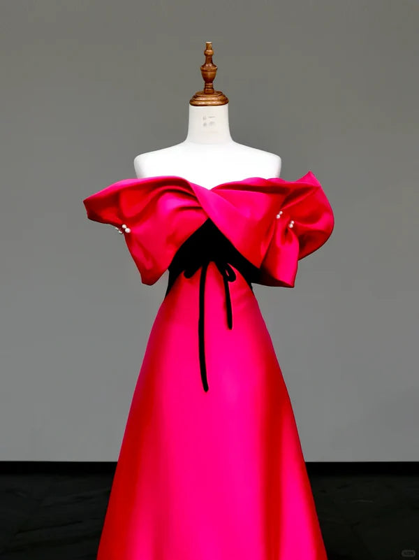 Gorgeous Ball Gown Hot Pink Satin Off The Shoulder Long Prom Dresses Budget Hot Pink Party Dresses