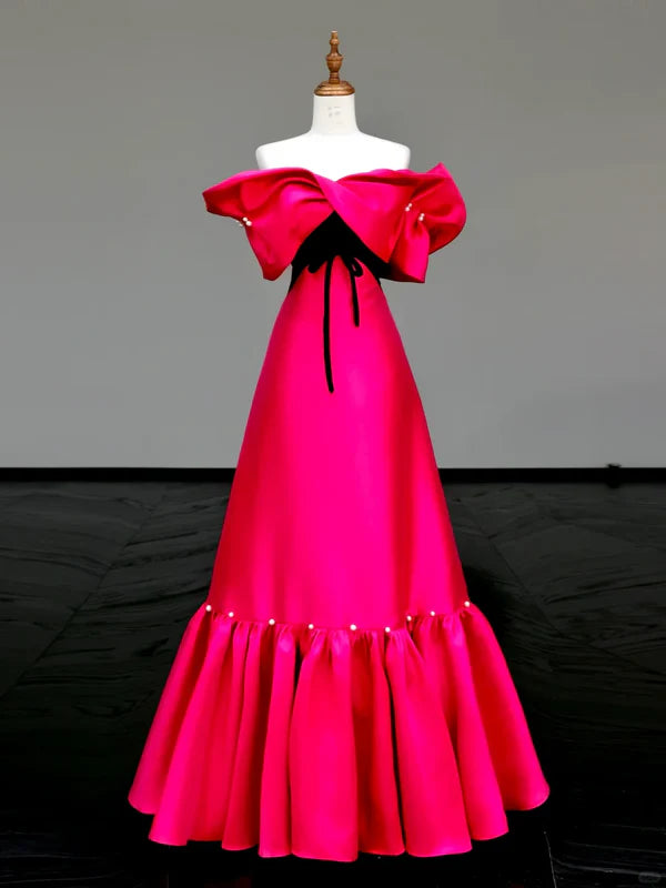 Gorgeous Ball Gown Hot Pink Satin Off The Shoulder Long Prom Dresses Budget Hot Pink Party Dresses