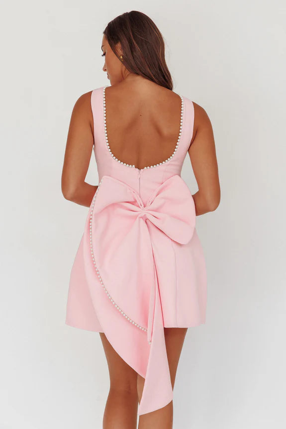 Gorgeous Bateau Pearl Trim Oversized Bow Pink Mini Homecoming Dress