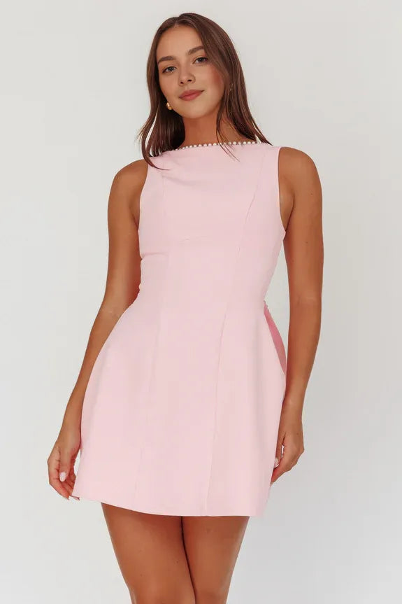 Gorgeous Bateau Pearl Trim Oversized Bow Pink Mini Homecoming Dress