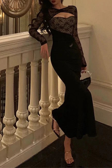 Gorgeous Black Lace Mermaid See-through Evening Dress Long Prom Dresses Birthday Outfits