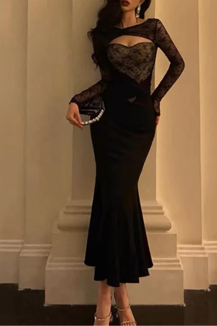 Gorgeous Black Lace Mermaid See-through Evening Dress Long Prom Dresses Birthday Outfits
