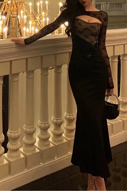 Gorgeous Black Lace Mermaid See-through Evening Dress Long Prom Dresses Birthday Outfits