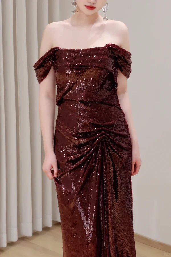Gorgeous Burgundy Sequin Pleated Off The Shoulder Mermaid Long Prom Dresses Hot Sale Party Dresses For Ladies