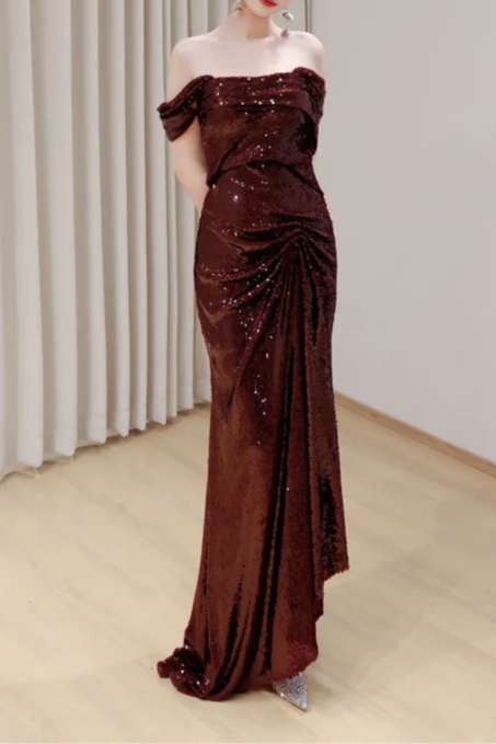 Gorgeous Burgundy Sequin Pleated Off The Shoulder Mermaid Long Prom Dresses Hot Sale Party Dresses For Ladies