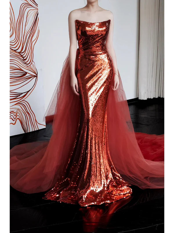 Gorgeous Burgundy Sequin With Tulle Train Mermaid Strapless Long Prom Dresses Bargain Long Party Dresses