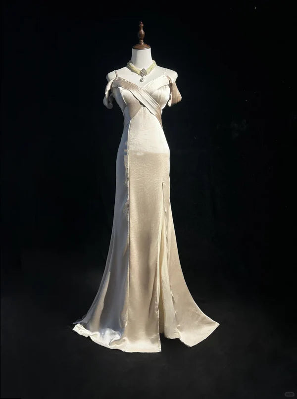 Gorgeous Champagne Spaghetti Straps Mermaid Long Prom Dress Casual Champagne Party Dresses